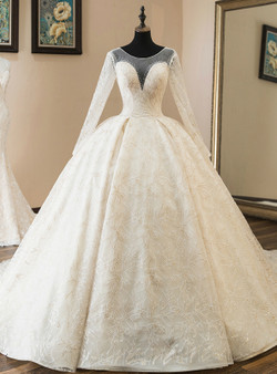 Shop 2019 Long & Short Champagne Tulle Sequins Long Sleeve Backless Wedding Dress With Beading With Factory Price From Kemedress